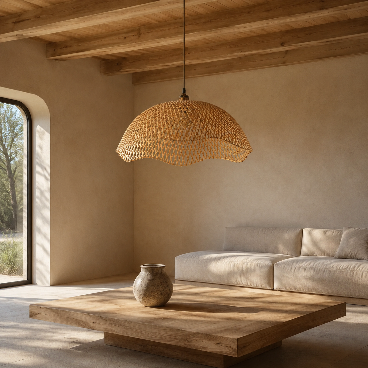 The Bosham Bamboo and Wood Dome Pendant Light