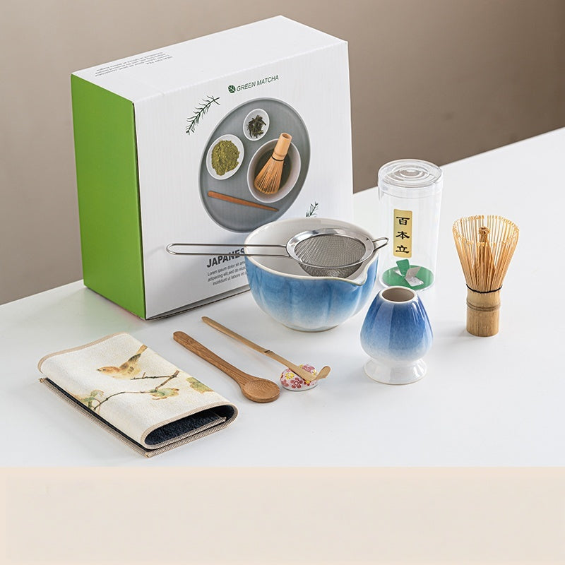 Haiyun Matcha Tea Set — White-and-blue matcha bowl with preparation tools and gift packaging.