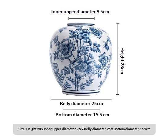 Xueyin Ceramic Vase — Round blue-and-white floral ceramic vase.