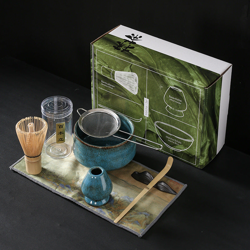 Yamanaka Matcha Tea Set — Dark blue ceramic matcha preparation set, in the selected Style 1 design.