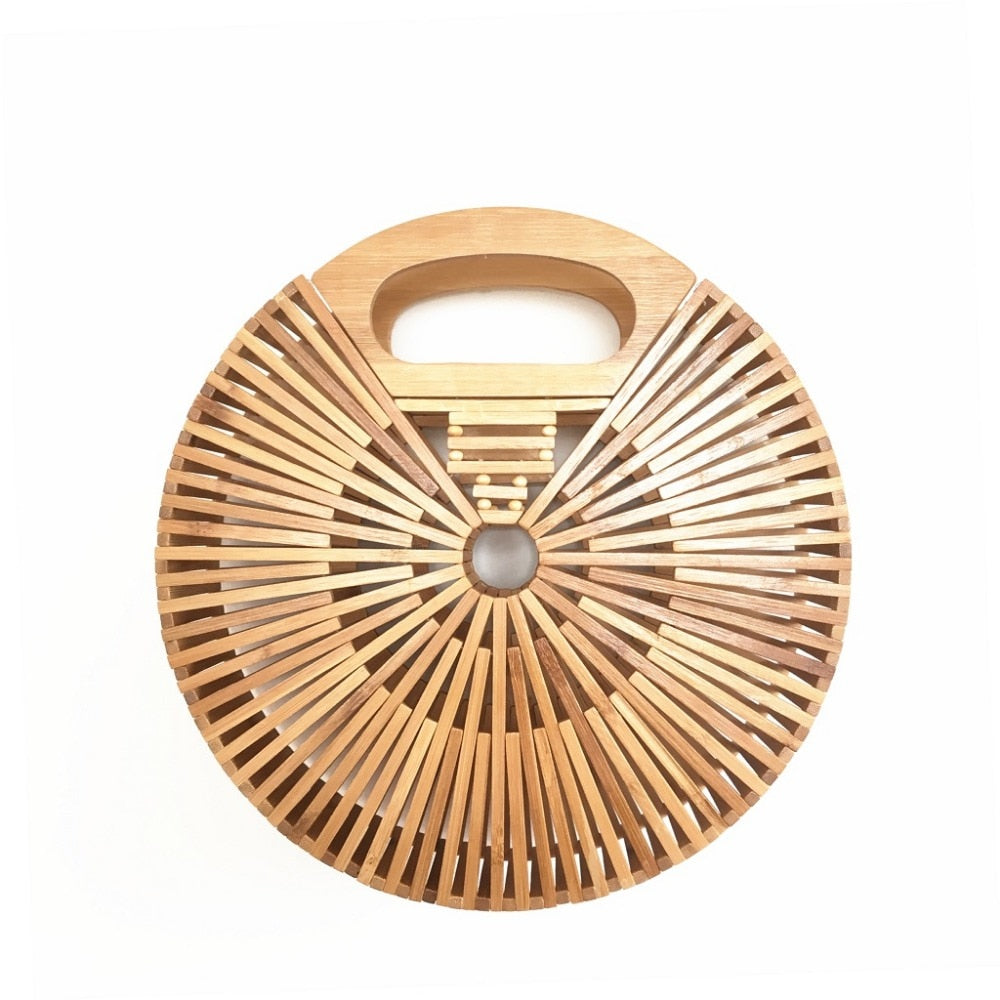 Lembongan Round Handbag — Round radial slatted wooden handbag.