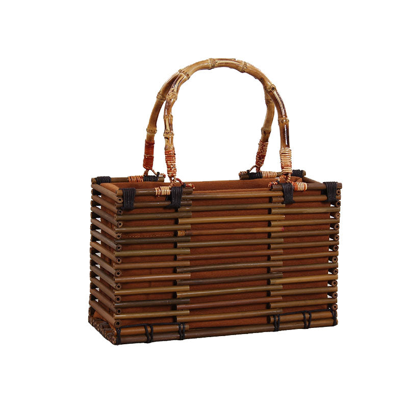Luo Bamboo Bag — Rectangular bamboo slat box bag with curved handles.