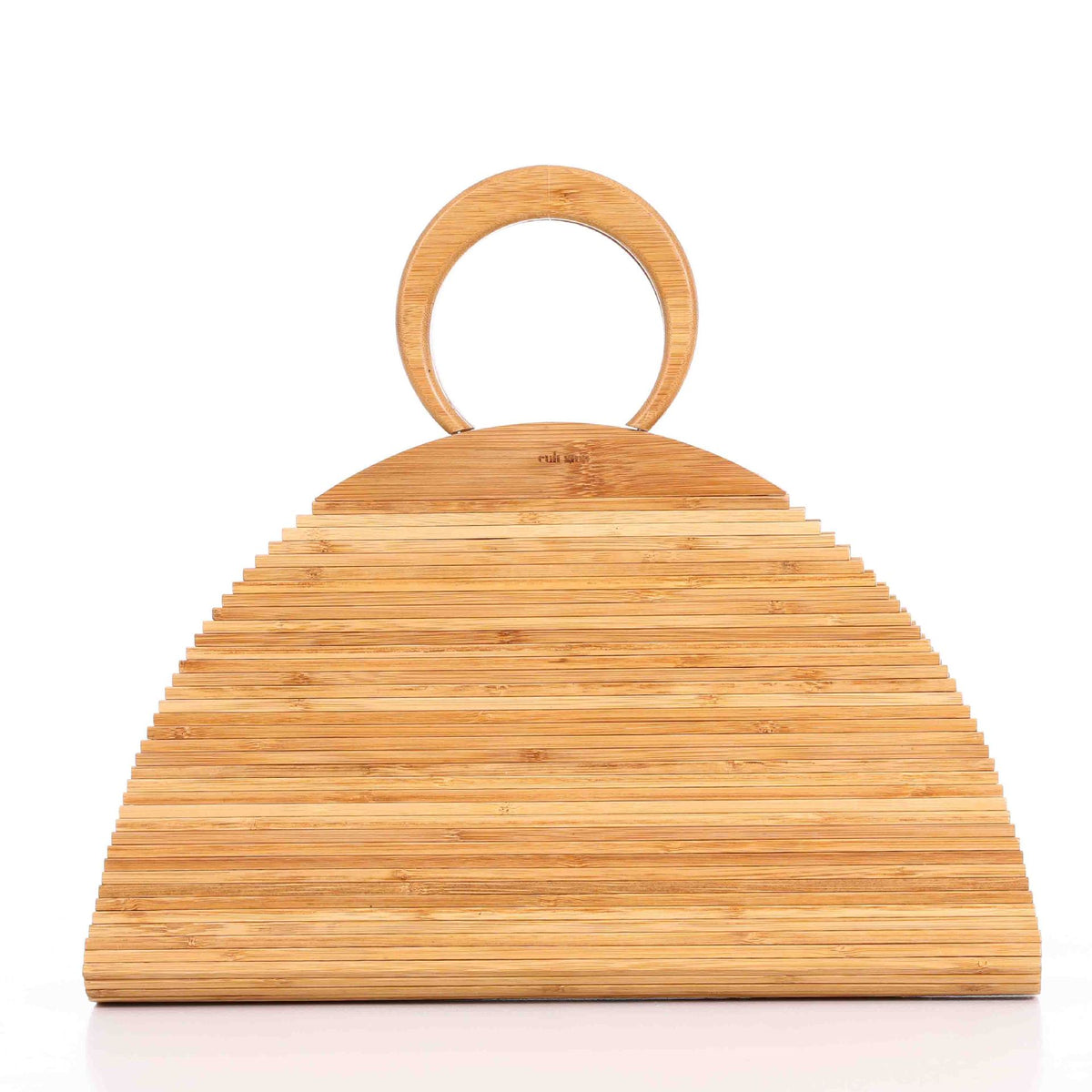 Yura Bamboo Clutch Bag — Arched bamboo clutch with solid slatted panels and a round handle.
