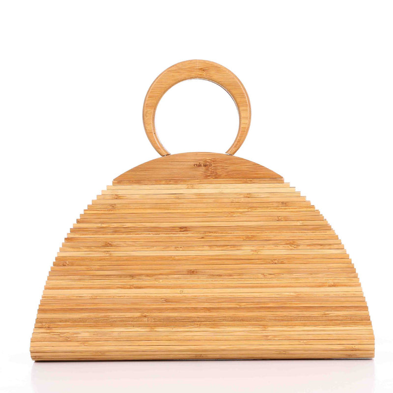 Yura Bamboo Clutch Bag — Arched bamboo clutch with solid slatted panels and a round handle.