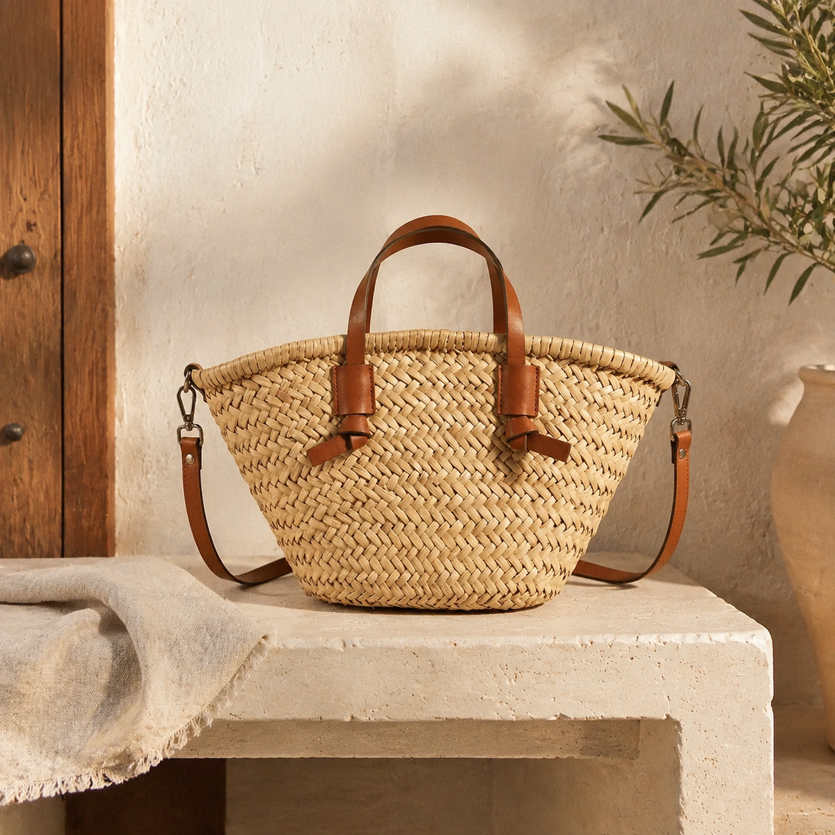 The Dallington Rattan Handbag with Leather-Effect Handles