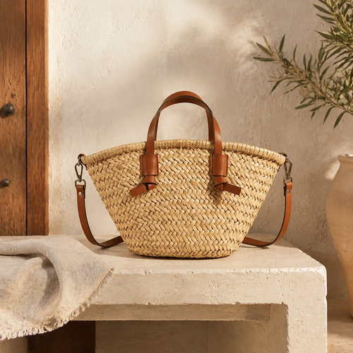 The Dallington Rattan Handbag with Leather-Effect Handles