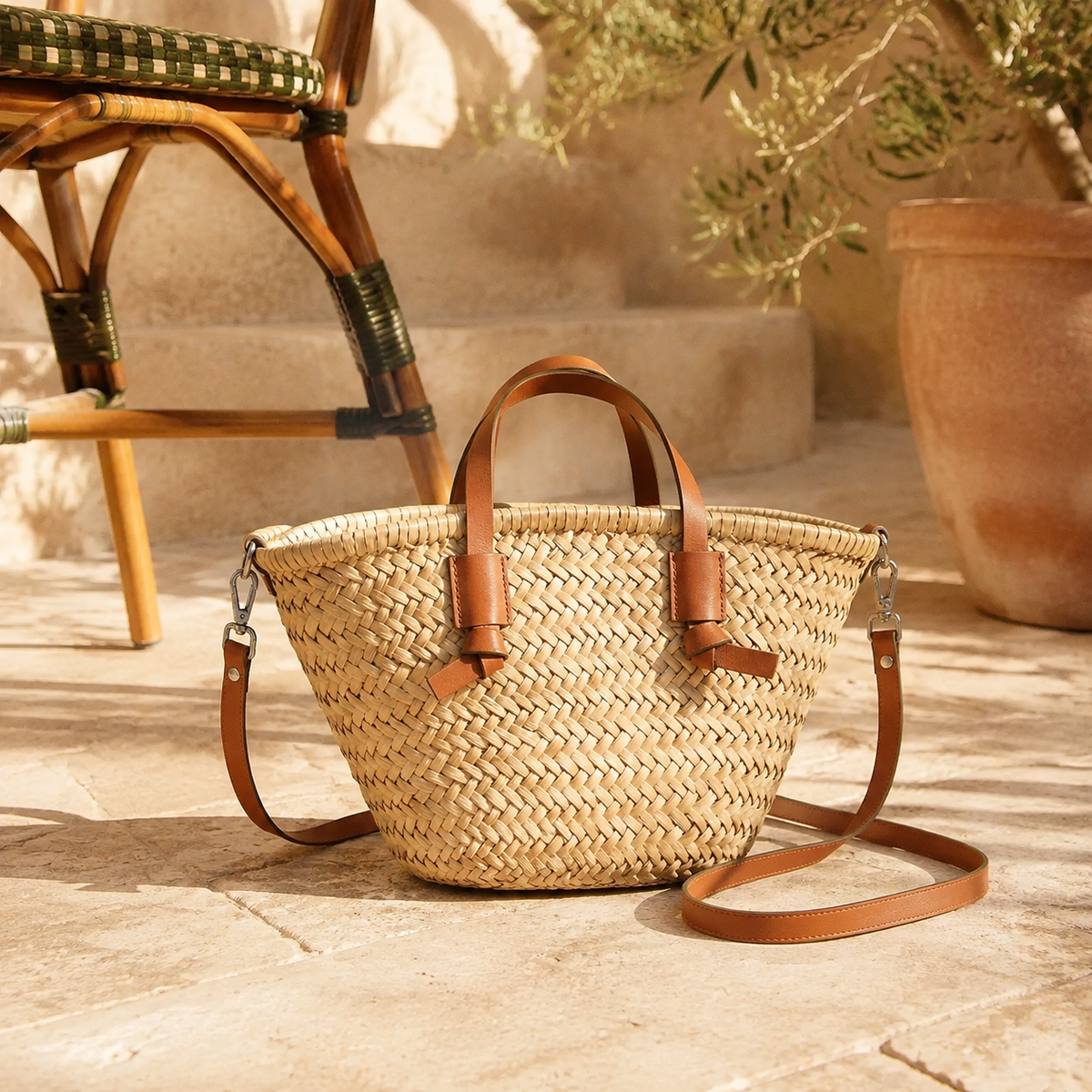 The Dallington Rattan Handbag with Leather-Effect Handles