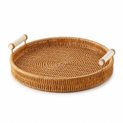 The Elstow Round Rattan Tray with Wooden Handles