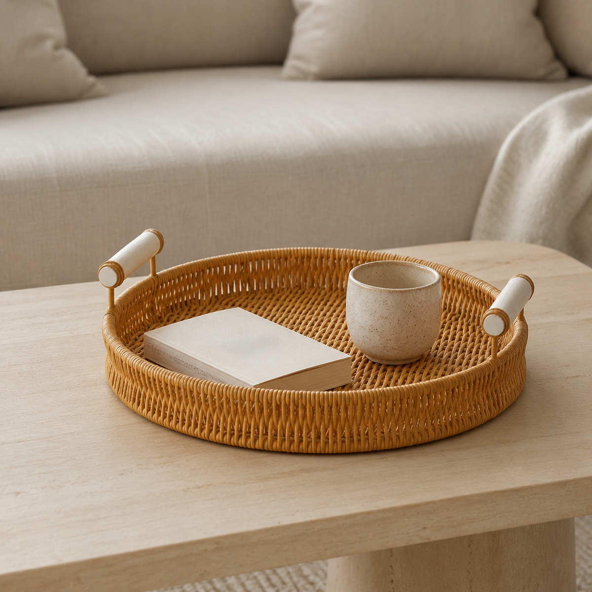 The Elstow Round Rattan Tray with Wooden Handles