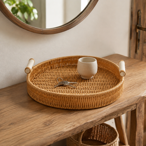 The Elstow Round Rattan Tray with Wooden Handles