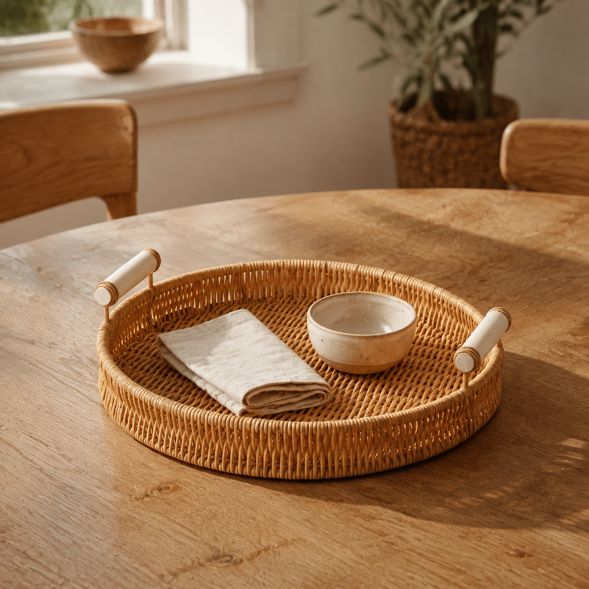 The Elstow Round Rattan Tray with Wooden Handles
