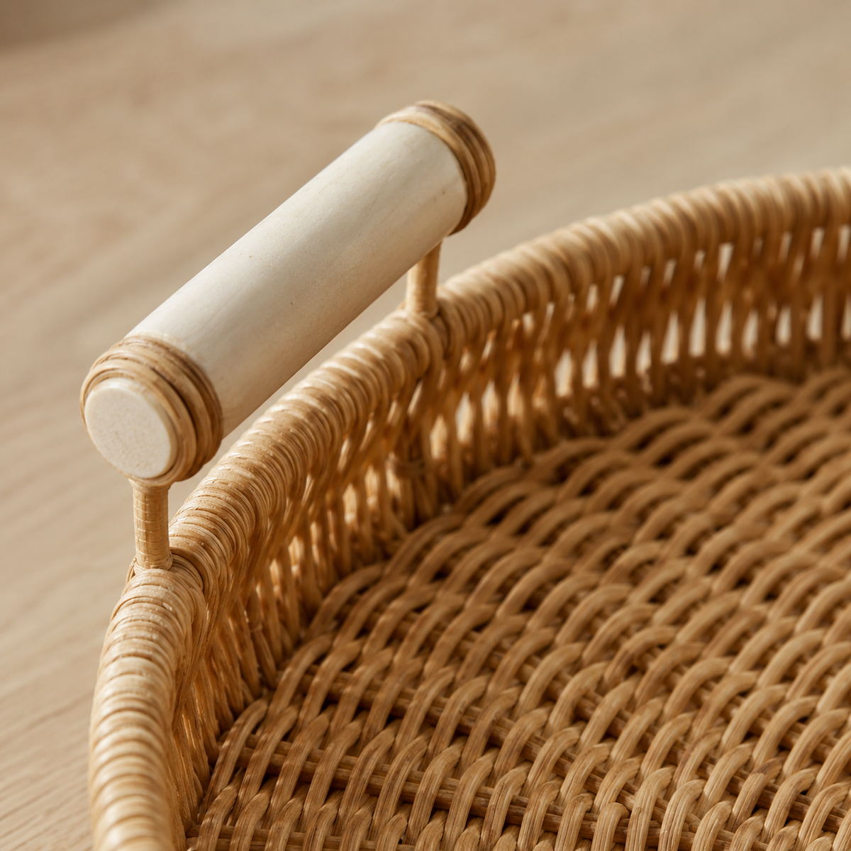 The Elstow Round Rattan Tray with Wooden Handles