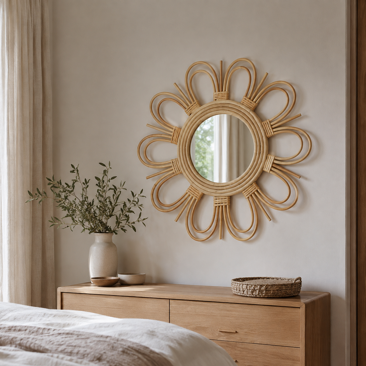 The Hartley Double Flower Rattan Wall Mirror
