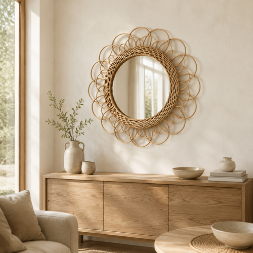 The Islip Large Flower Rattan Wall Mirror