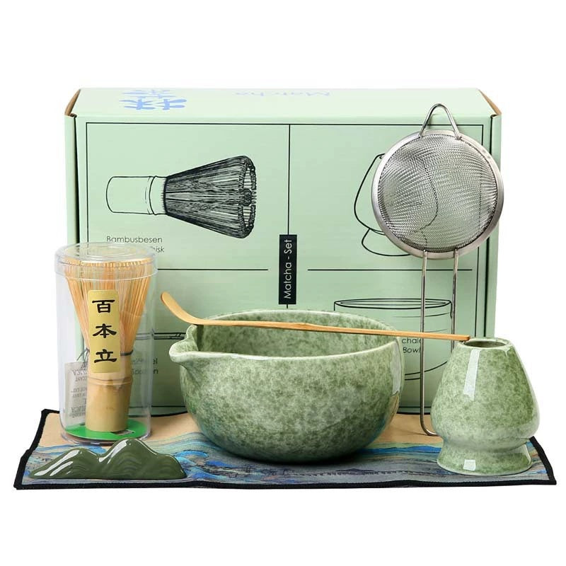 Gresik Matcha Tea Set — Speckled green matcha bowl with preparation tools.