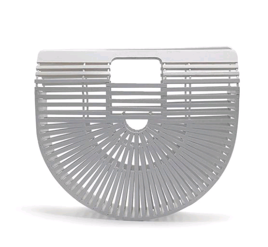 Manado Woven Handbag — White semicircular bamboo slat handbag.