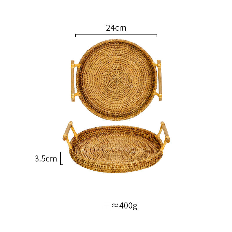 Yunxi Serving Tray — Round woven autumn-vine tray with loop handles.