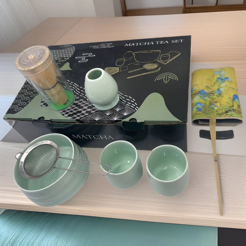 Inuyama Matcha Tea Set — Pale green ceramic matcha preparation set, in the selected nine-piece configuration.