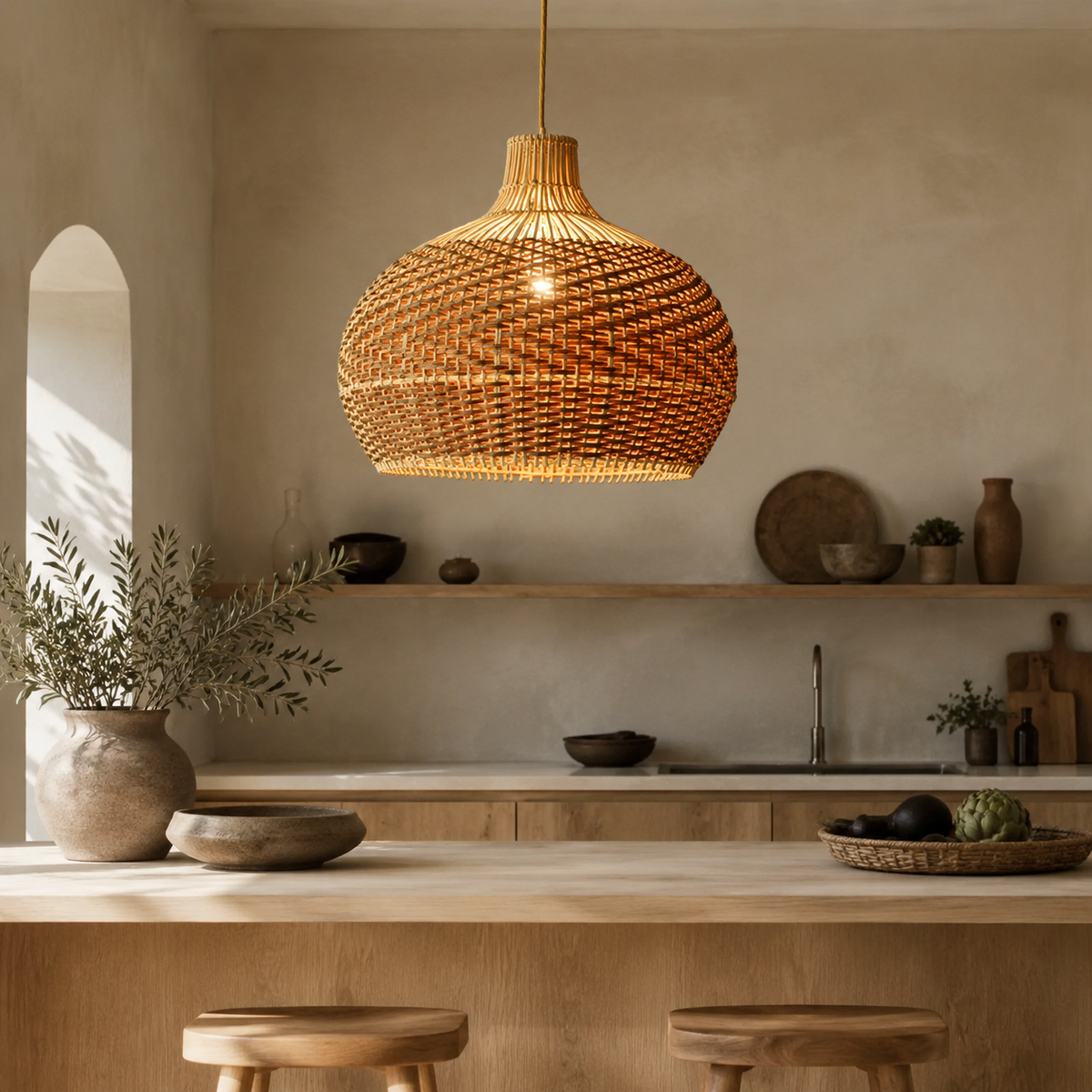 The Polperro Vintage Rattan and Iron Pendant Light