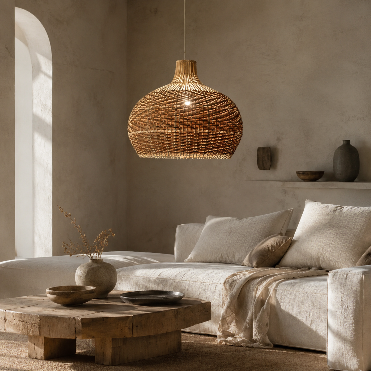 The Polperro Vintage Rattan and Iron Pendant Light