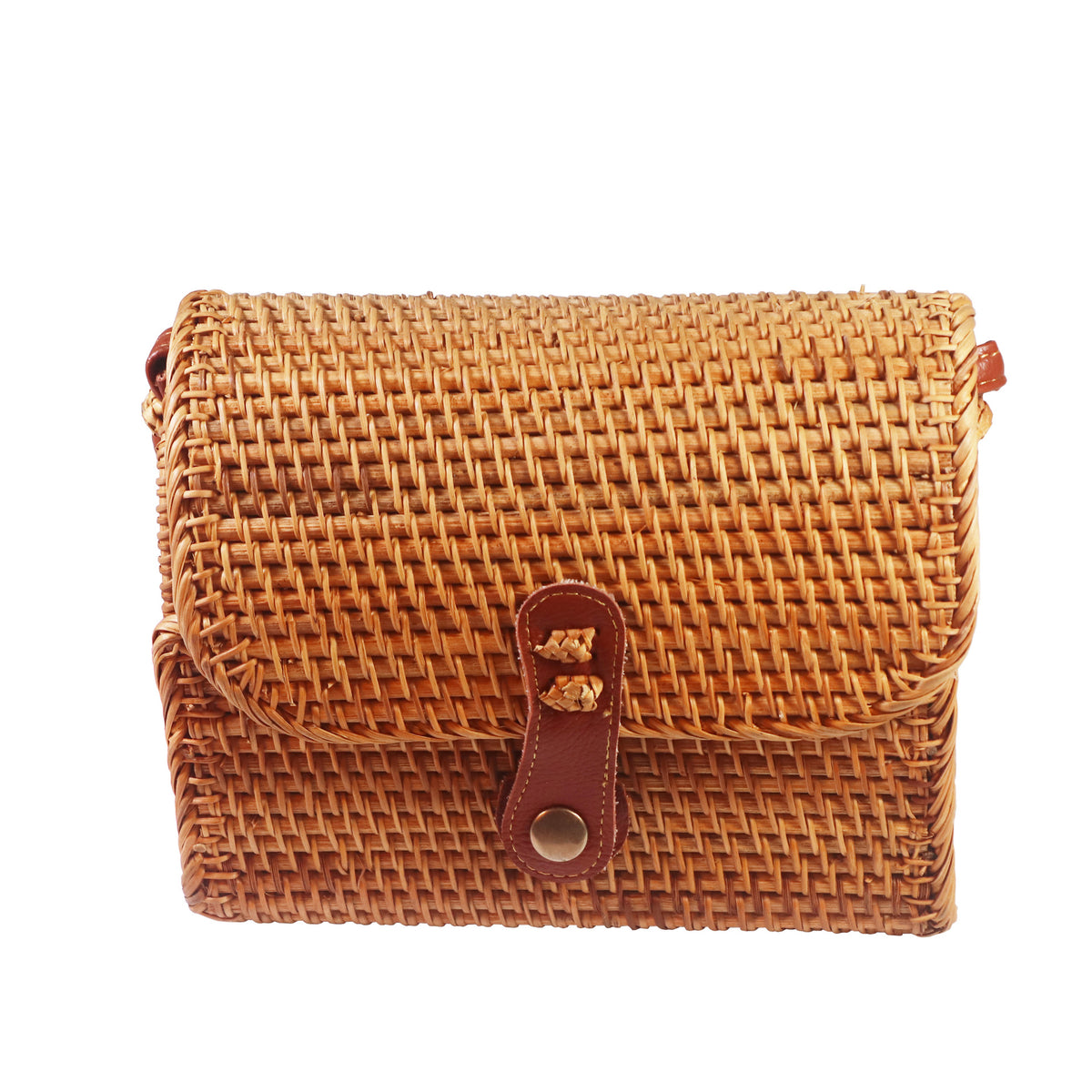 Buleleng Woven Crossbody Bag — Rectangular woven crossbody bag with a flap and shoulder strap.