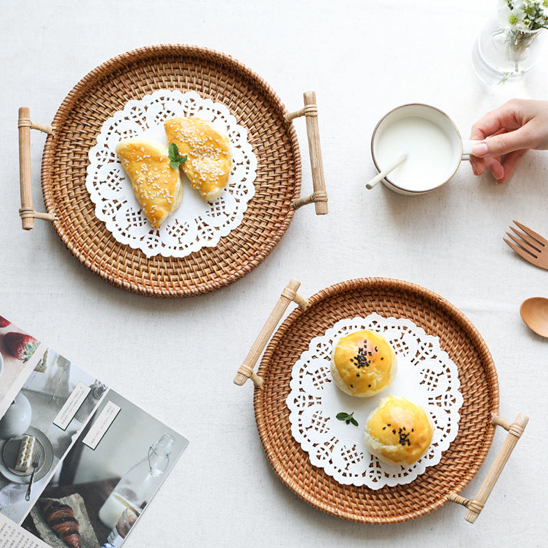Permata Storage Basket — Round woven serving tray with loop handles.