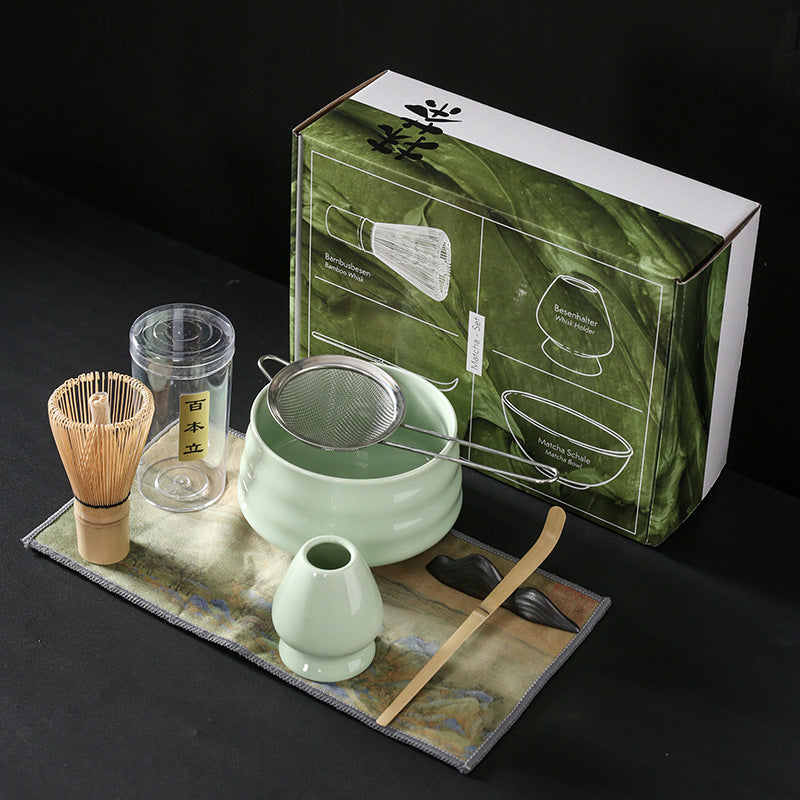 Jambi Matcha Tea Set — Seven-piece matcha set in clear green glaze.