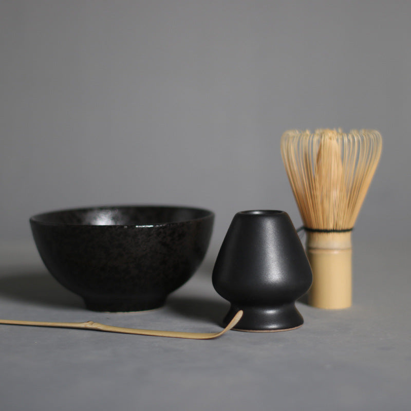 Garut Matcha Tea Set — Black matcha bowl with a whisk, whisk rest and scoop.