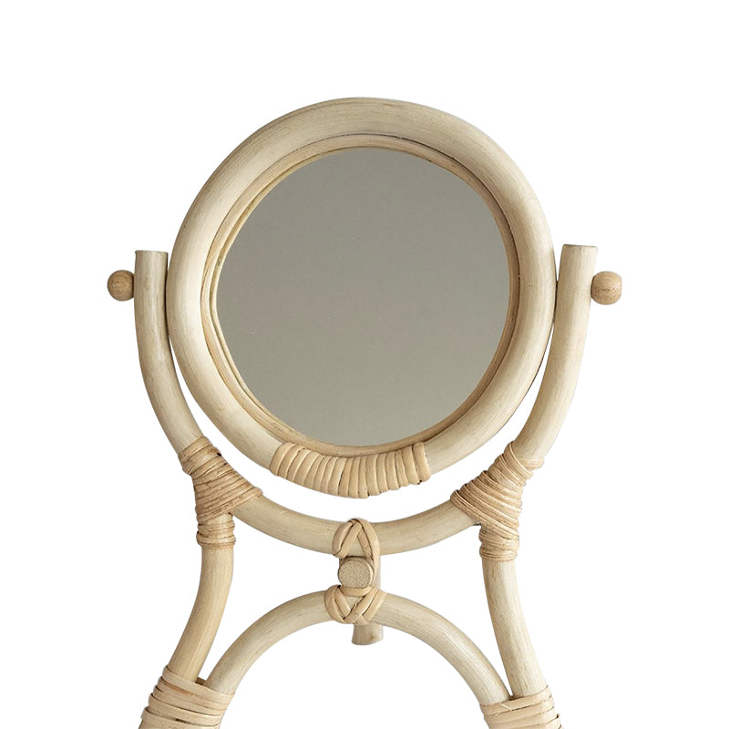 Zhuyu Rattan Table Mirror — Round woven table mirror on a bamboo stand.