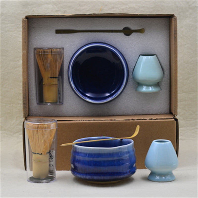 Awara Matcha Tea Set — Blue ceramic matcha bowl with a whisk, whisk rest and scoop.