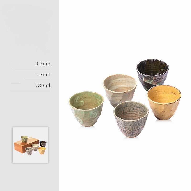 Jernih Tea Cup Set — Set of five tea cups with different glazed finishes.