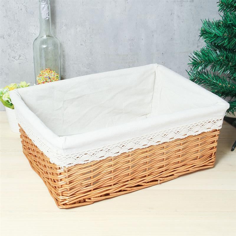 Sidemen Storage Basket — Rectangular wicker basket with a white fabric liner.