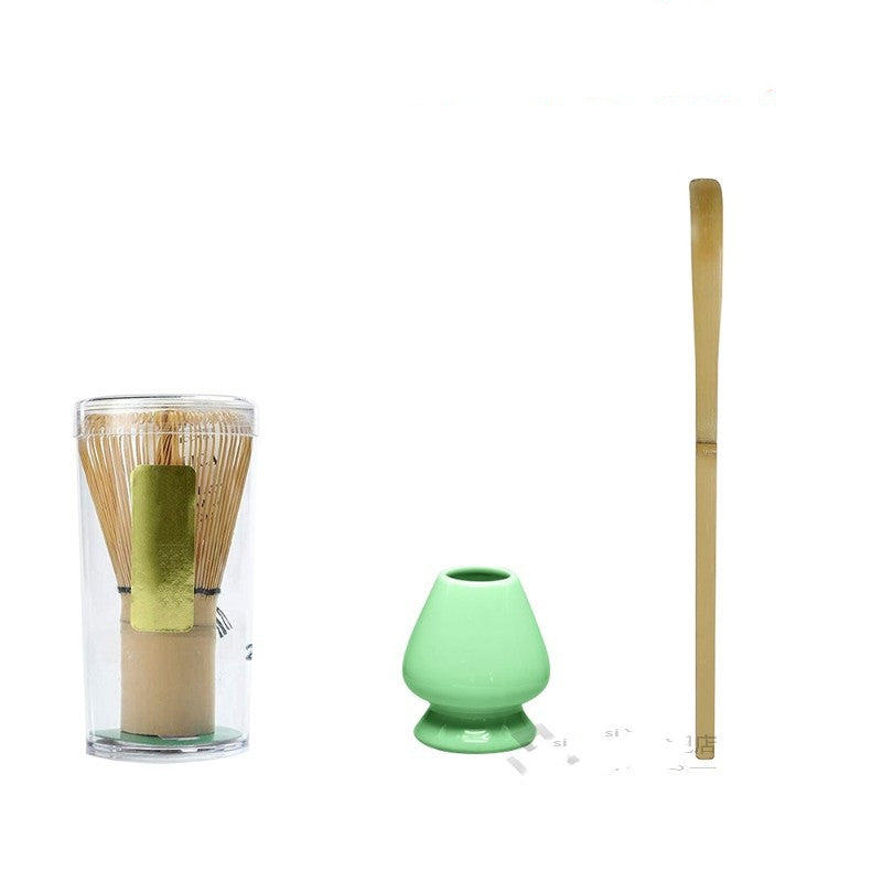Fenglin Matcha Tools — Bamboo matcha whisk and scoop with a ceramic whisk rest.