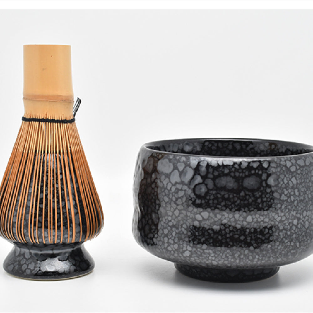 Fuling Matcha Tea Set — Matcha bowl with bamboo whisk and ceramic whisk rest.