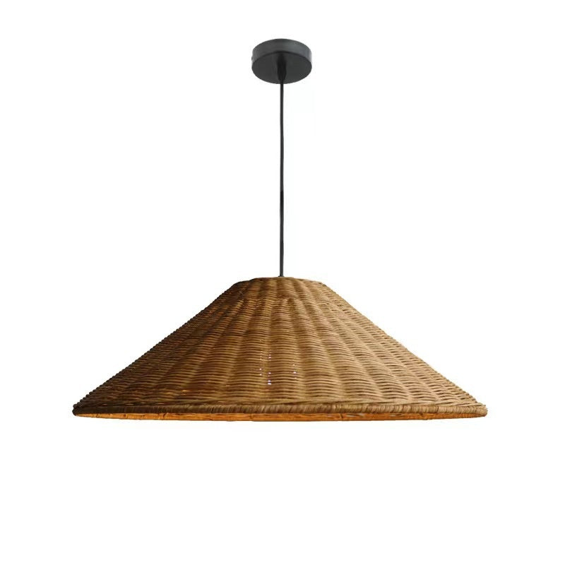 Liuli Rattan Pendant Light — Shallow conical shade in a natural finish.