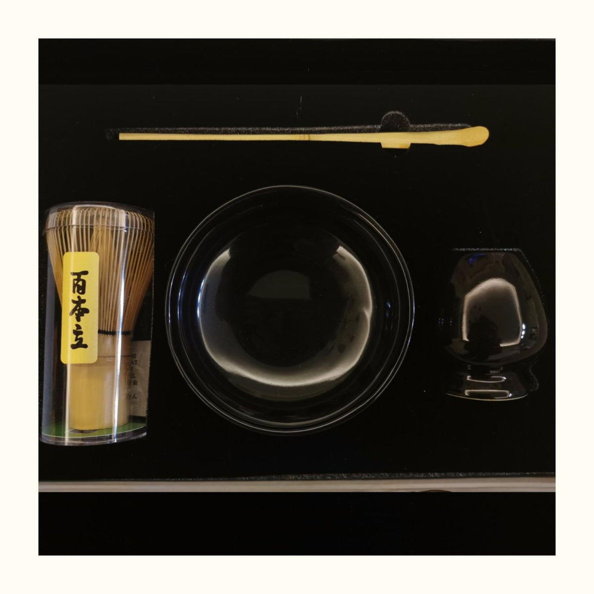 Anambas Matcha Tea Set — Black matcha bowl with a whisk, whisk rest and scoop.