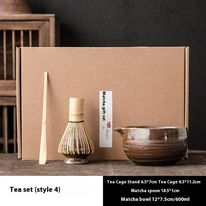 Ruoxi Matcha Tea Set — Earthy glazed matcha bowl in the selected four-piece Style 4 set.