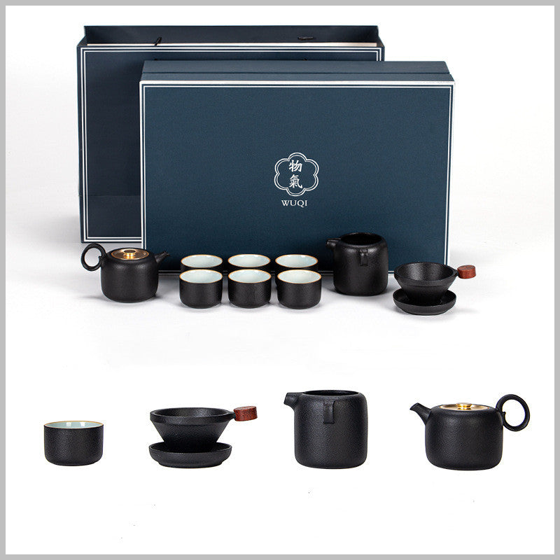 Shuying Ceramic Tea Set — Black ten-piece ceramic tea service in gift-box packaging.