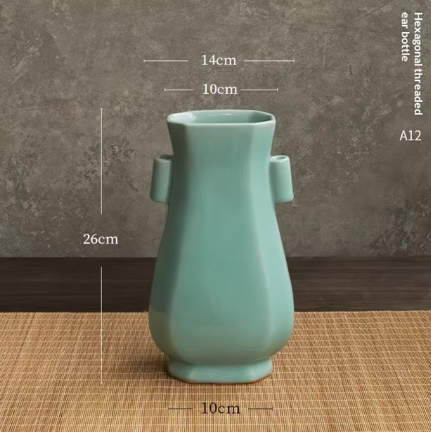 Rinjani Celadon Vase — Celadon-coloured ceramic vase with side handles.