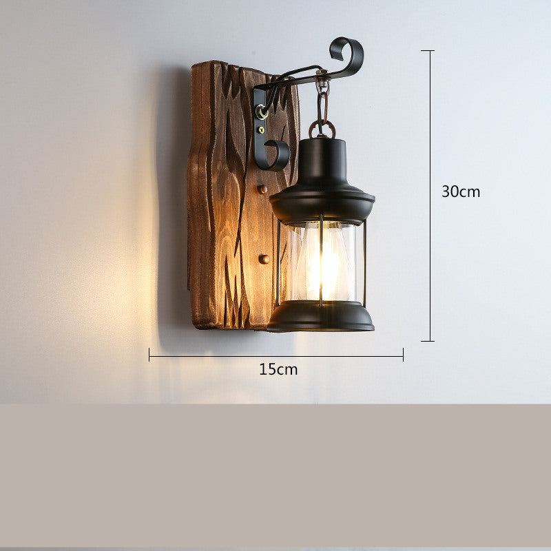 Fuyang Wall Light — Wall light with a lantern-shaped shade and wooden backplate, model 02LED.