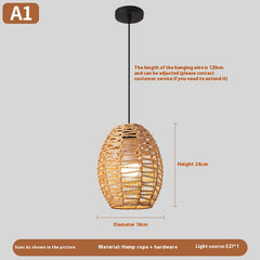 Guilin Pendant Light — Oval pendant with a woven hemp-rope shade and warm LED light.
