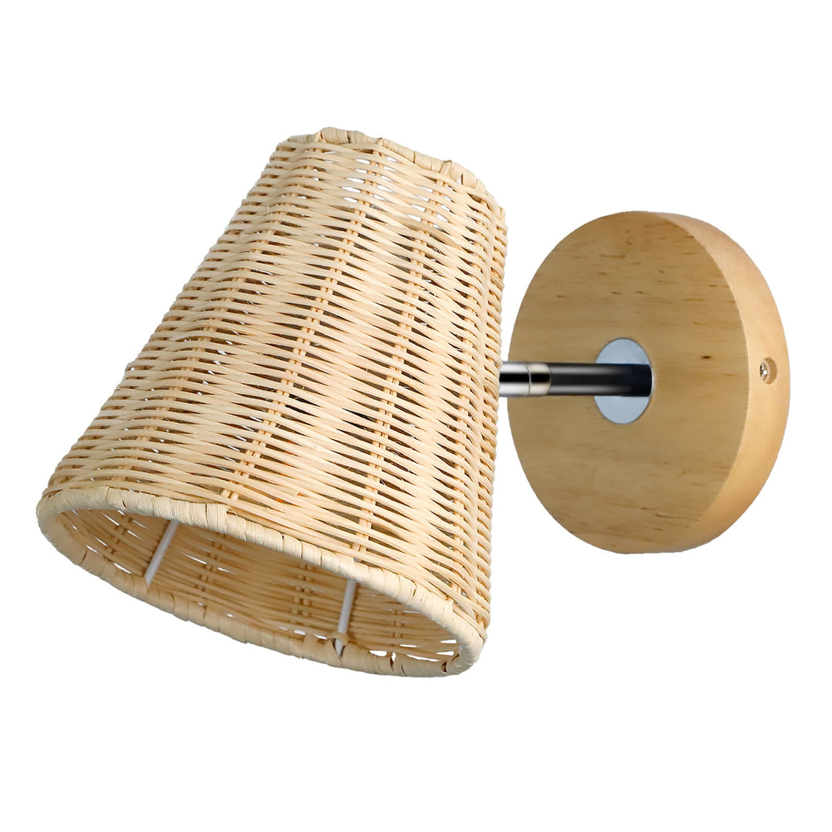 Akabira Wall Light — Conical woven wall-light shade on a wooden mounting plate.