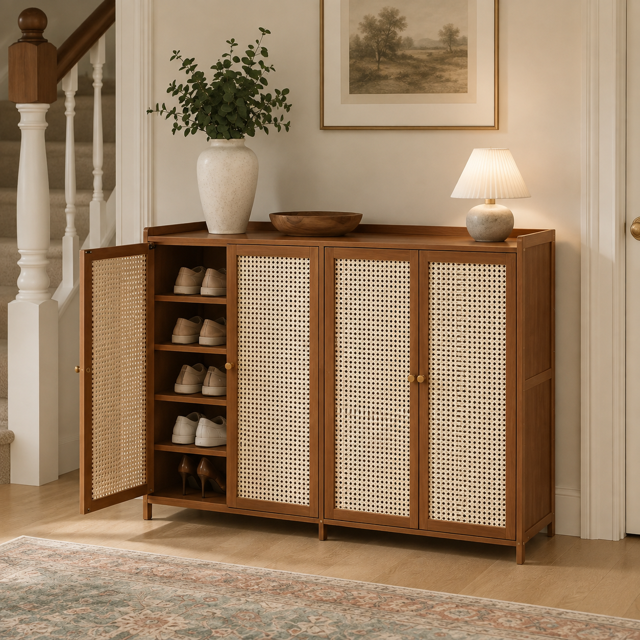 Ventilated panels help air circulate through the cabinet