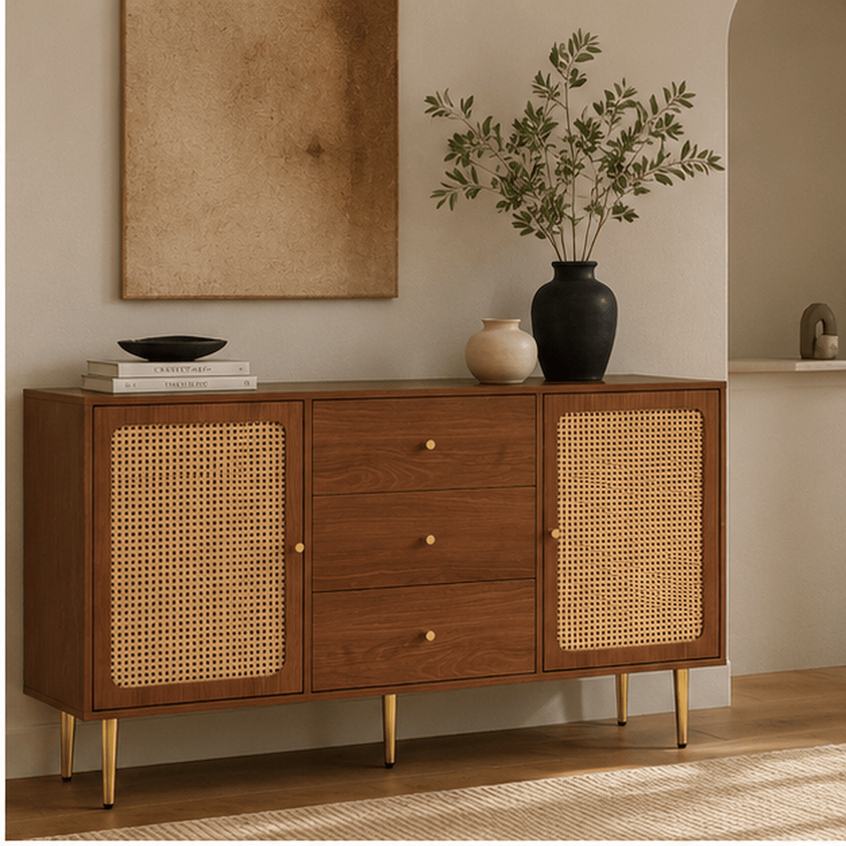 The Norbury Walnut Sideboard - Rattan Cabinet UK